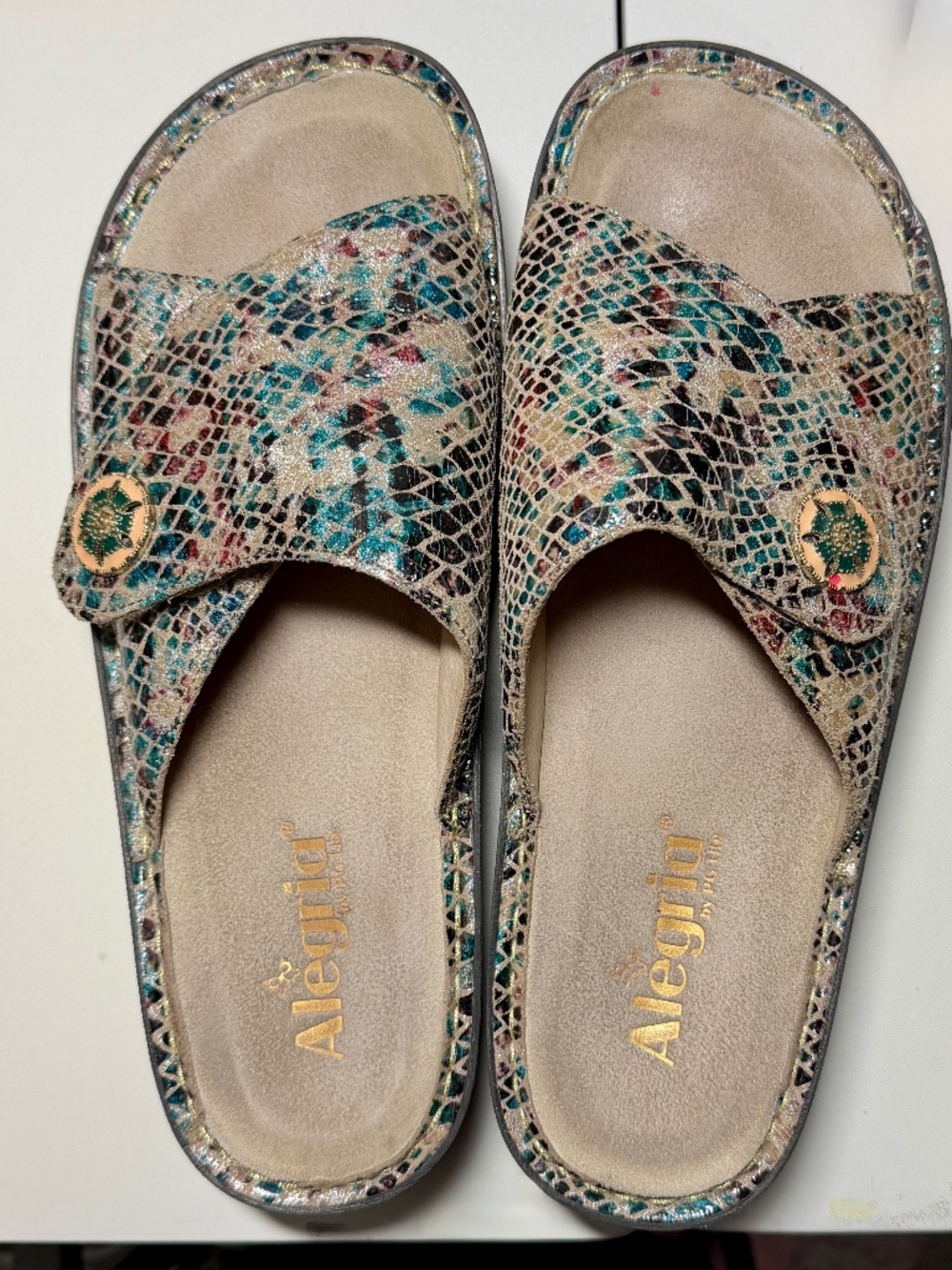Alegria Leather Kylee Sandals Blue Metallic snakeskin pattern 40 (9.5-10)